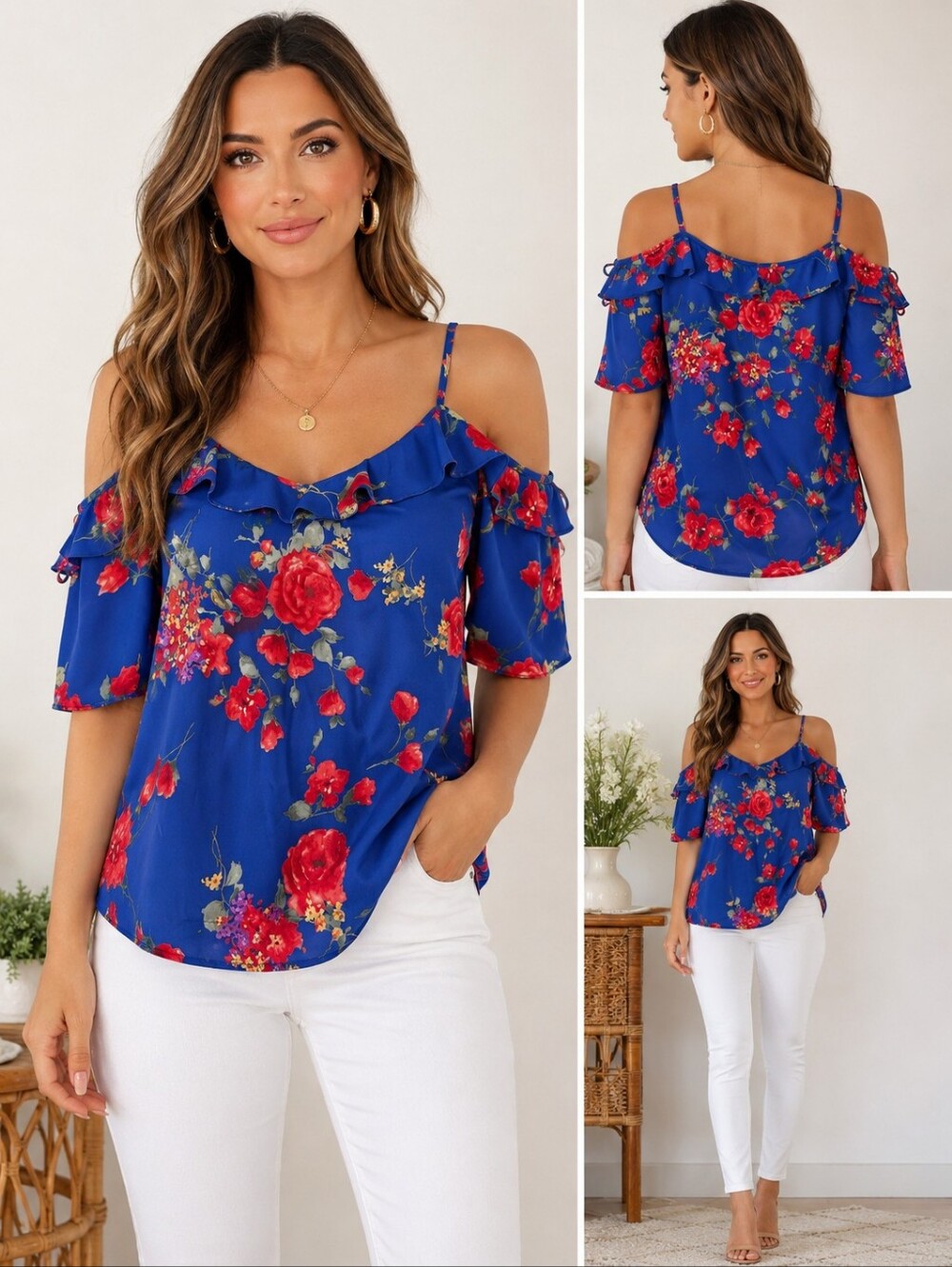 A-104 Skies Are Blue NWT Floral Off Shoulder Ruffle Blouse Size L